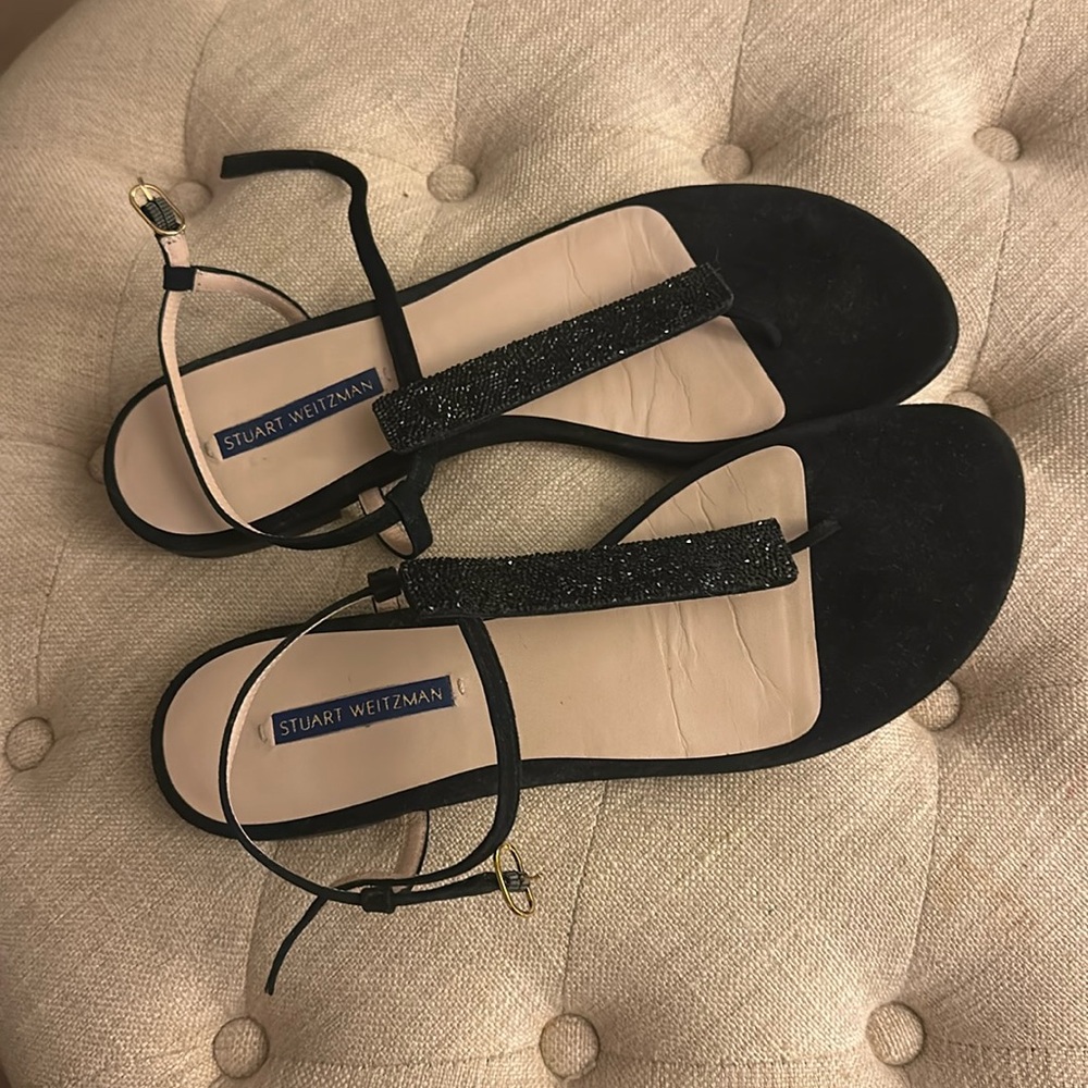Stuart Weitzman flat sandals / black crystals / size 10